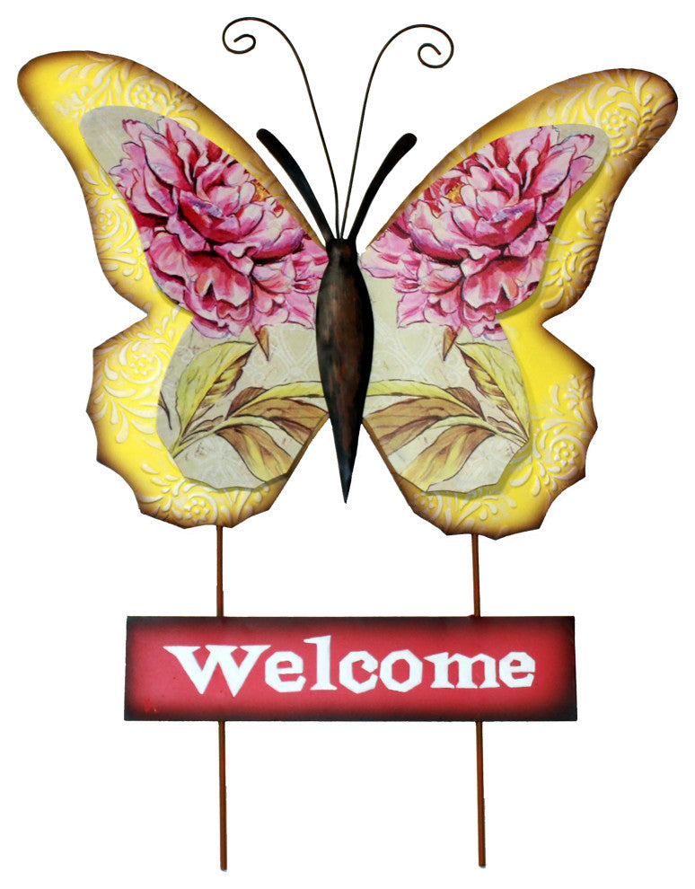25" Metal Butterfly Garden Stake, With Pink Welcome Sign