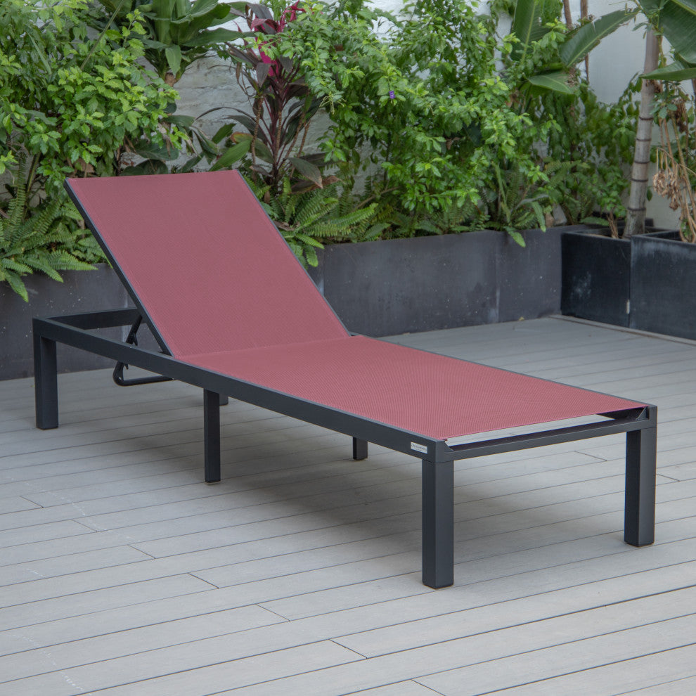LeisureMod Marlin Black Patio Chaise Lounge Chair with Fire Pit Table, Burgundy
