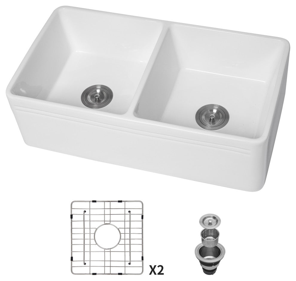 White Ceramic 33 in. Double Bowl Farmhouse Apron Kitchen Sink with Bottom Grid
