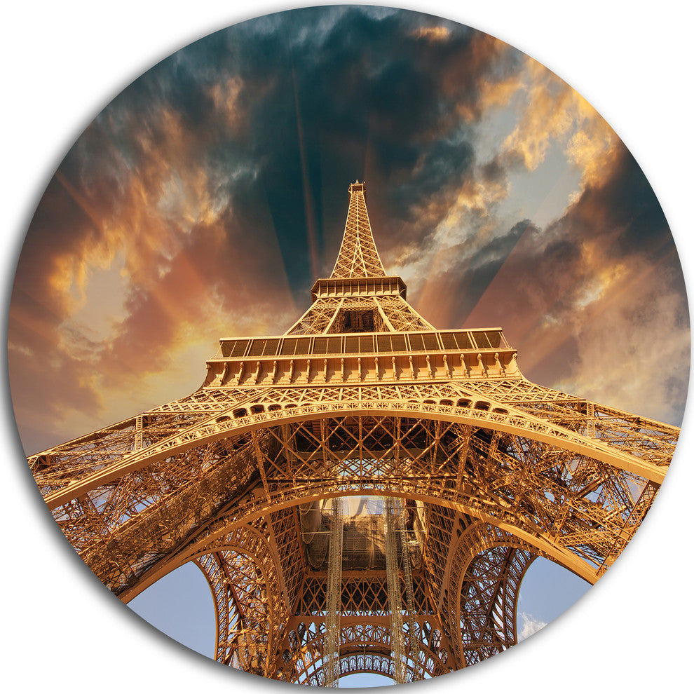Paris Eiffel Tower In Paris With Sunset Colors, Disc Metal Artwork, 11"