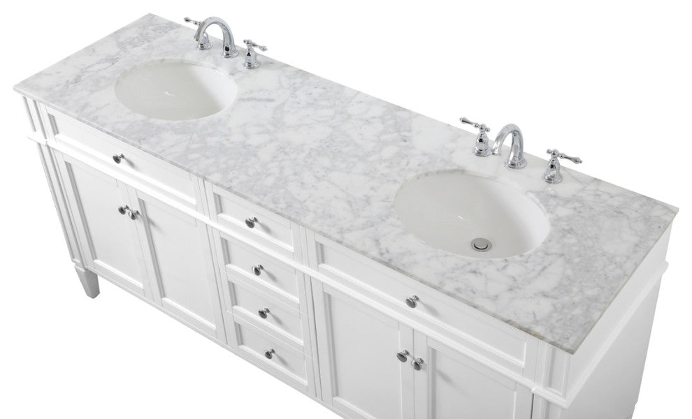 Home Living Vanity with Carrara White Marble Countertop, White, 72", Double Sink