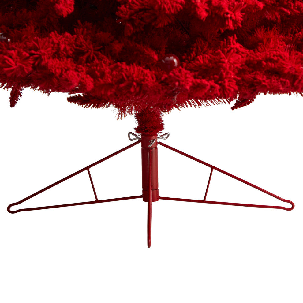 8' Red Flocked Fraser Fir Faux Xmas Tree W/Red Lights, Bulbs & Bendable Branches