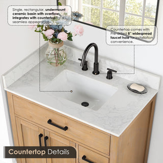 Gavino Vanity With Grain White Composite Stone Top, Light Brown/Matte Black, 36", With Mirror