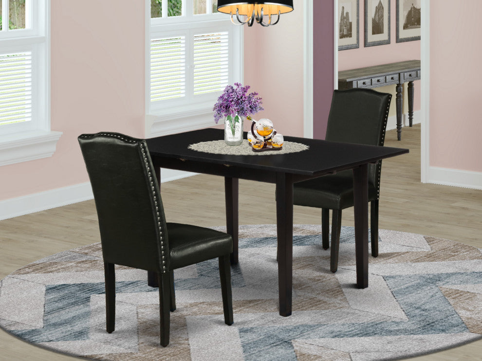 3Pc Dining Set, Nail Head Upholstered Chairs, Butterfly Leaf Table, Black