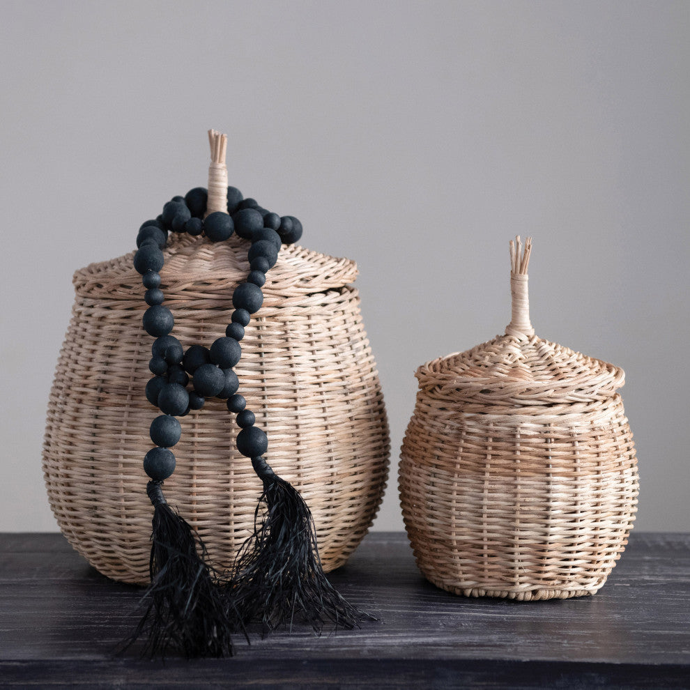 Hand-Woven Wicker Baskets With Lids, 2-Piece Set