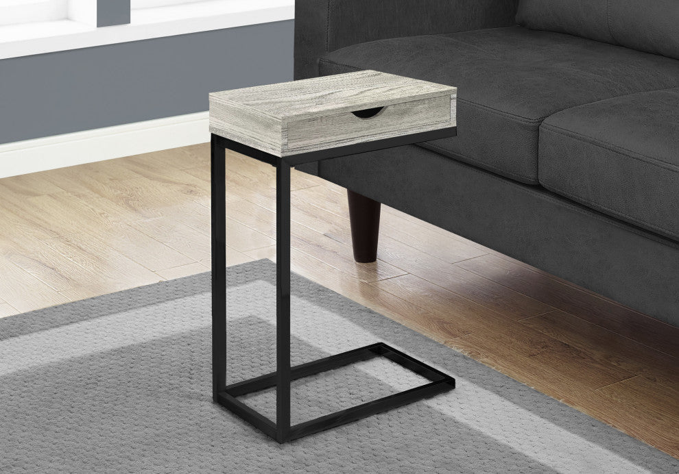 Accent Table, C-Shaped, Storage Drawer, Metal, Laminate, Grey, Black