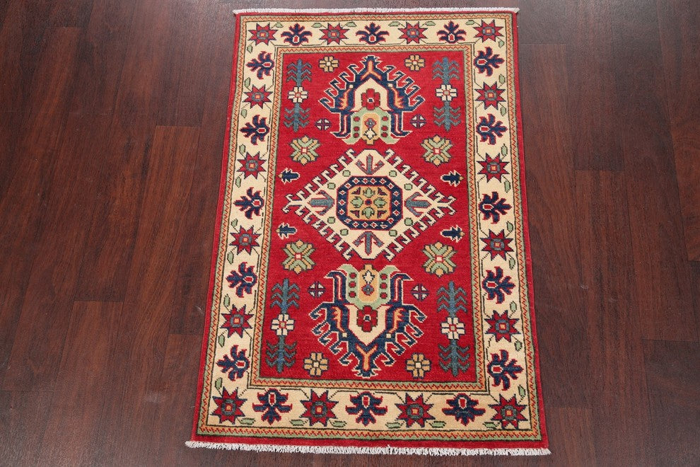 Kazak Traditional Wool Handmade Pakistani Oriental Area Rug, Red, 4'0"X2'8"