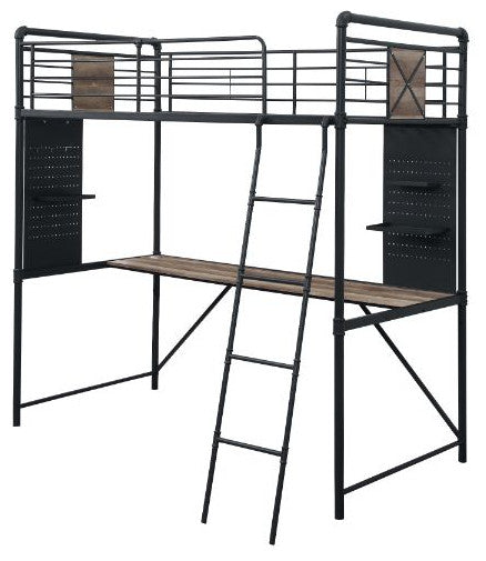 Rosemary Metal Loft Bed, Antique Oak, Black & Dark Bronze Hand-Brushed, Twin