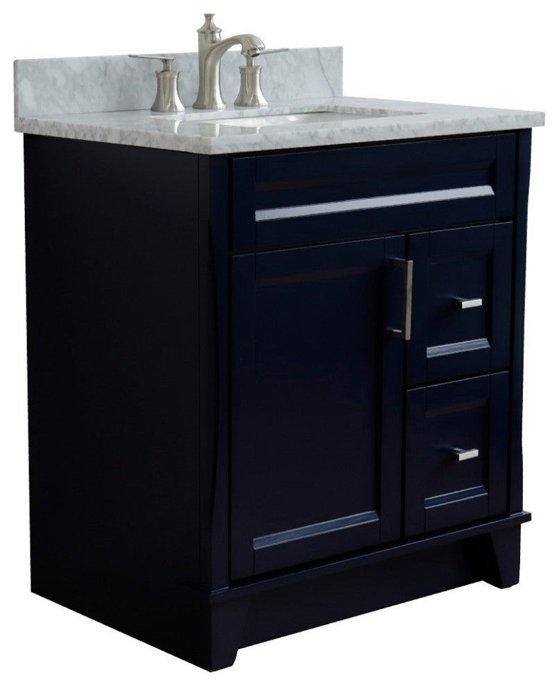 31" Single Sink Vanity, Blue Finish With White Carrara Marble