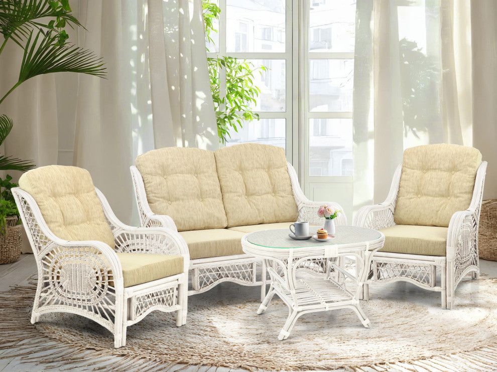 Malibu Lounge Armchair, Natural Rattan Wicker, White, Cream Cushions
