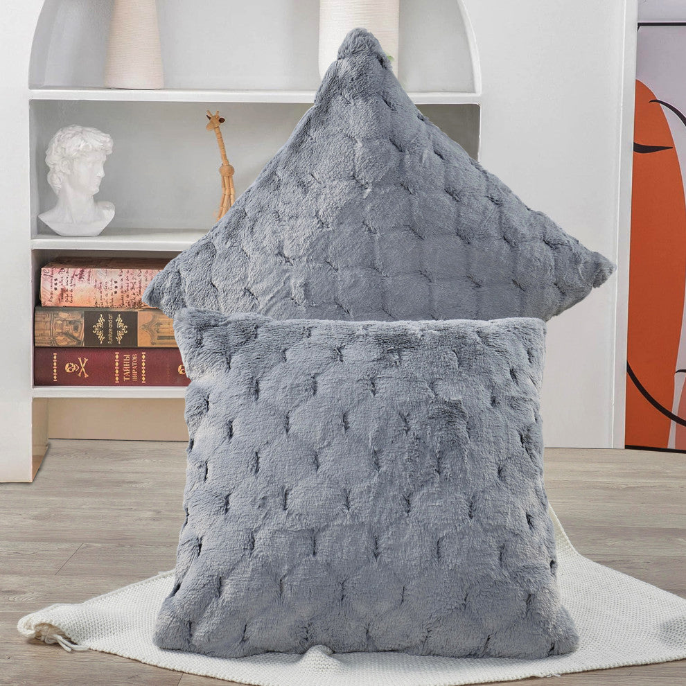 Jacquard Rabbit Faux Fur Pillow Cover 2 Piece Set, Silver Grey, 26" X 26"