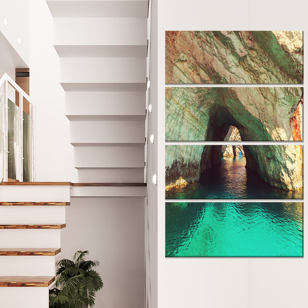 Beautiful Sea Cave in Greece, Landscape Canvas Art Print, 28"x48", 4 Panels