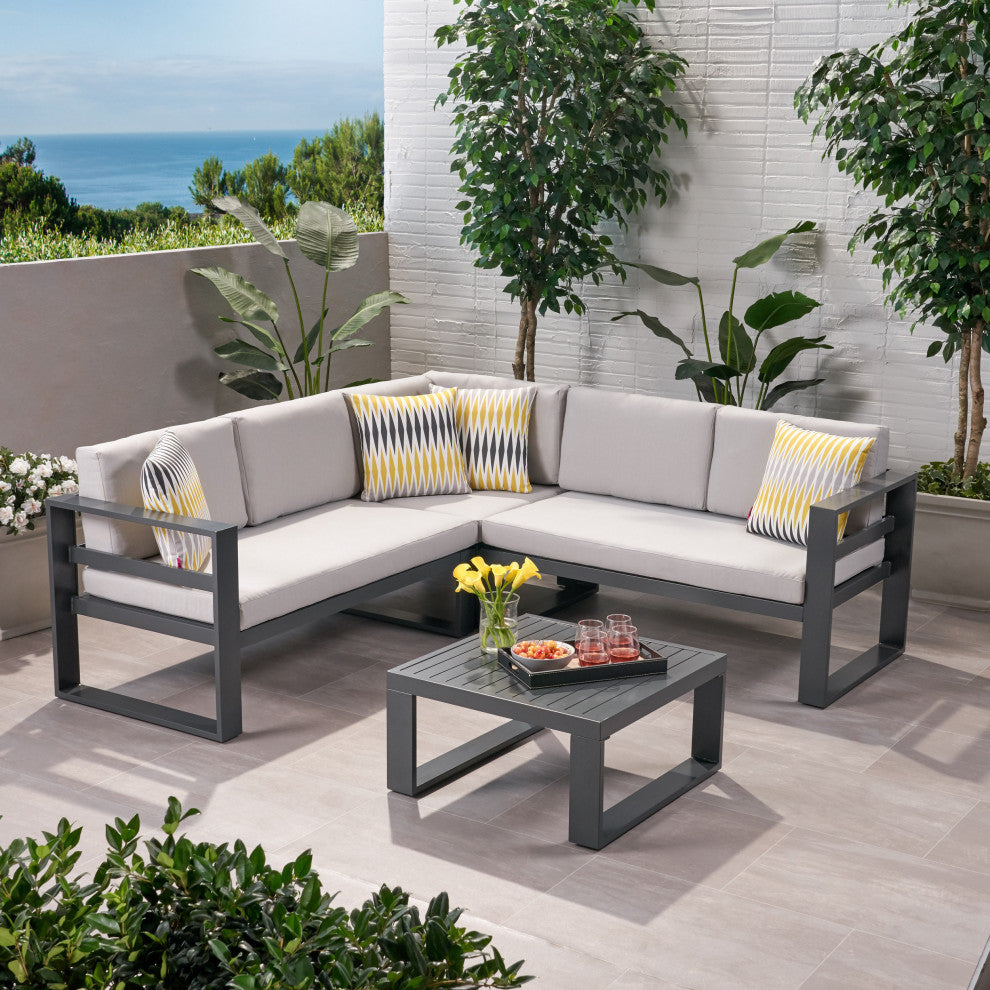 Queena Outdoor Aluminum Sofa Sectional With Coffee Table