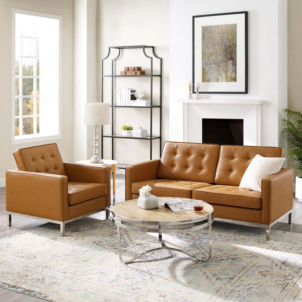 Tufted Armchair and Loveseat Sofa Set, Faux Leather, Silver Tan, Modern, Lounge