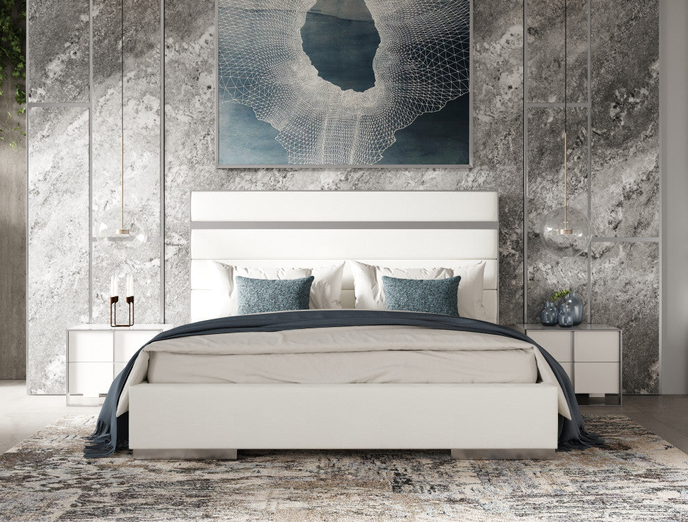 Modrest Cartier Modern White Vegan Leather + Stainless Steel Bed, Queen
