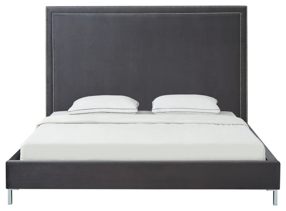 Giovanna Nailhead Trim Platform Bed, Gray Velvet, Queen