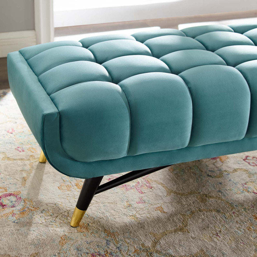 Accent Chair Bench, Velvet, Blue, Modern, Living Lounge Hotel Lobby Hospitality