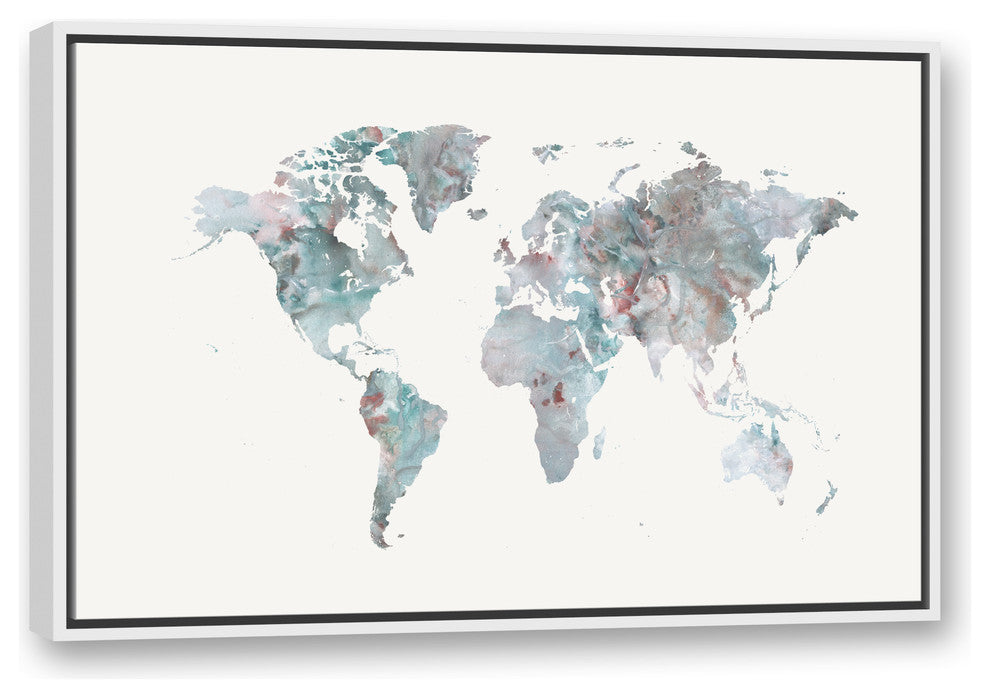 Greige World Map 24x36 White Floating Framed Canvas