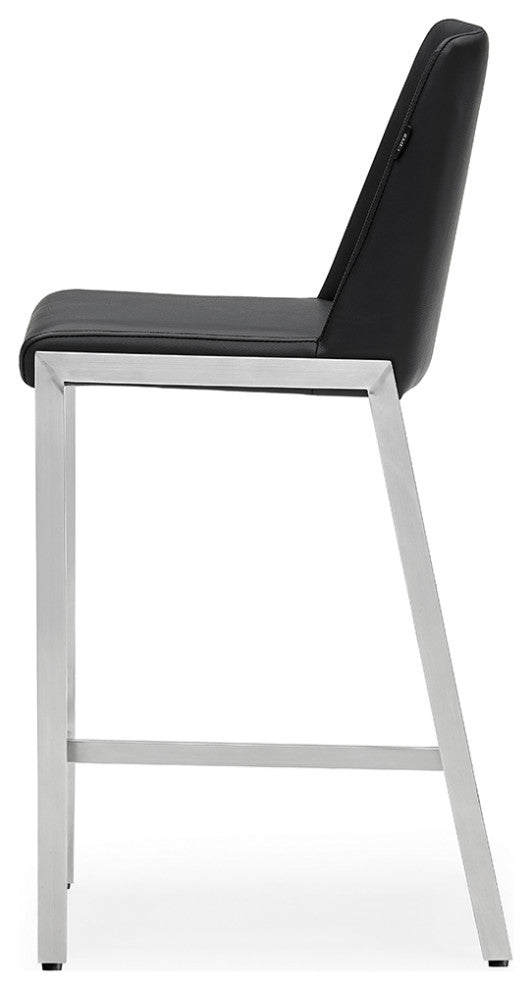 Eliza Leatherette Counter Stool With Polished Stainless Steel Legs, Black