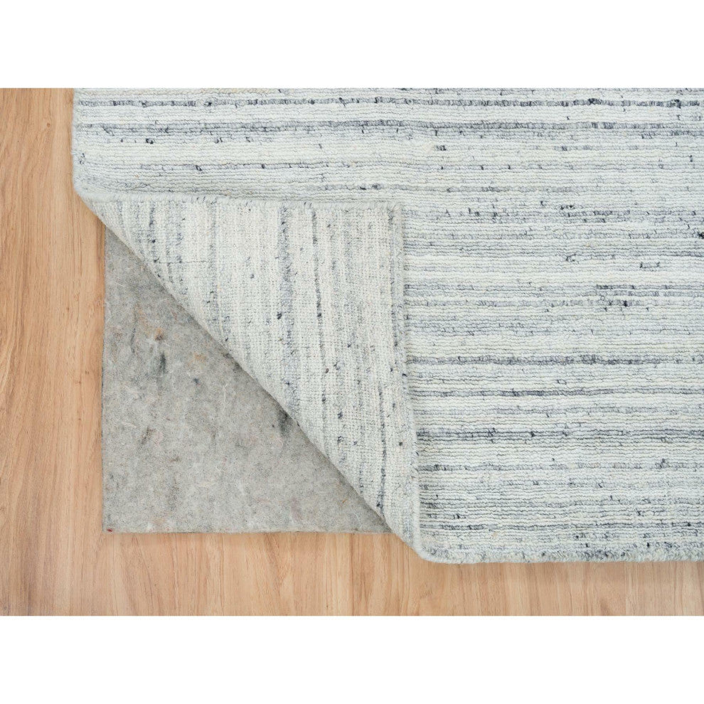 Ivory Plain Modern Striae Wool Hand Loomed Runner Oriental Rug, 2'8"x14'