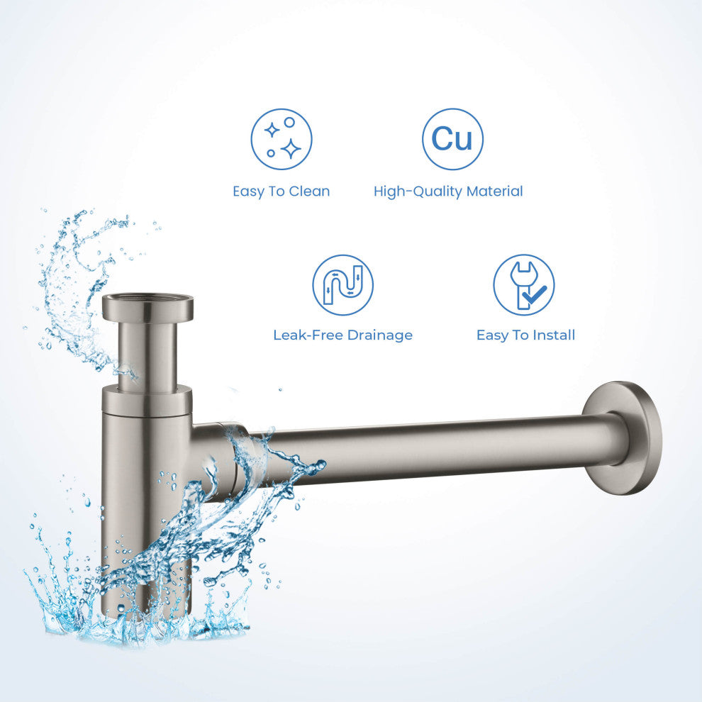 Kibi Bathroom Sink Decorative Round Bottle Trap, Brush Nickel