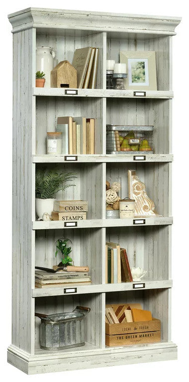 Tall Bookcase, Wood Frame & 10 Open Compartments With ID Label Tags, White Plank