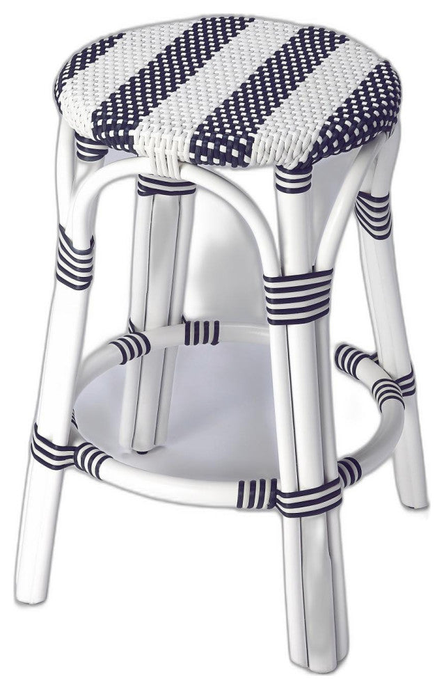 Classic White and Navy Blue Rattan Counter Stool