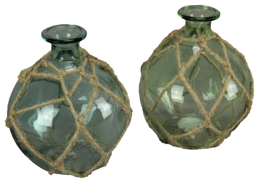 Blue Green Glass Rope Wrapped Decorative Vase Buoy Bottle Coastal Decor Set of