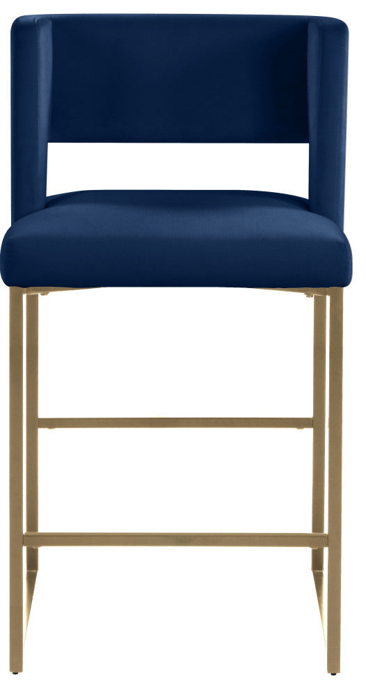 Caleb Upholstered Counter Stool, Set of 2, Navy, Velvet, Brushed Gold