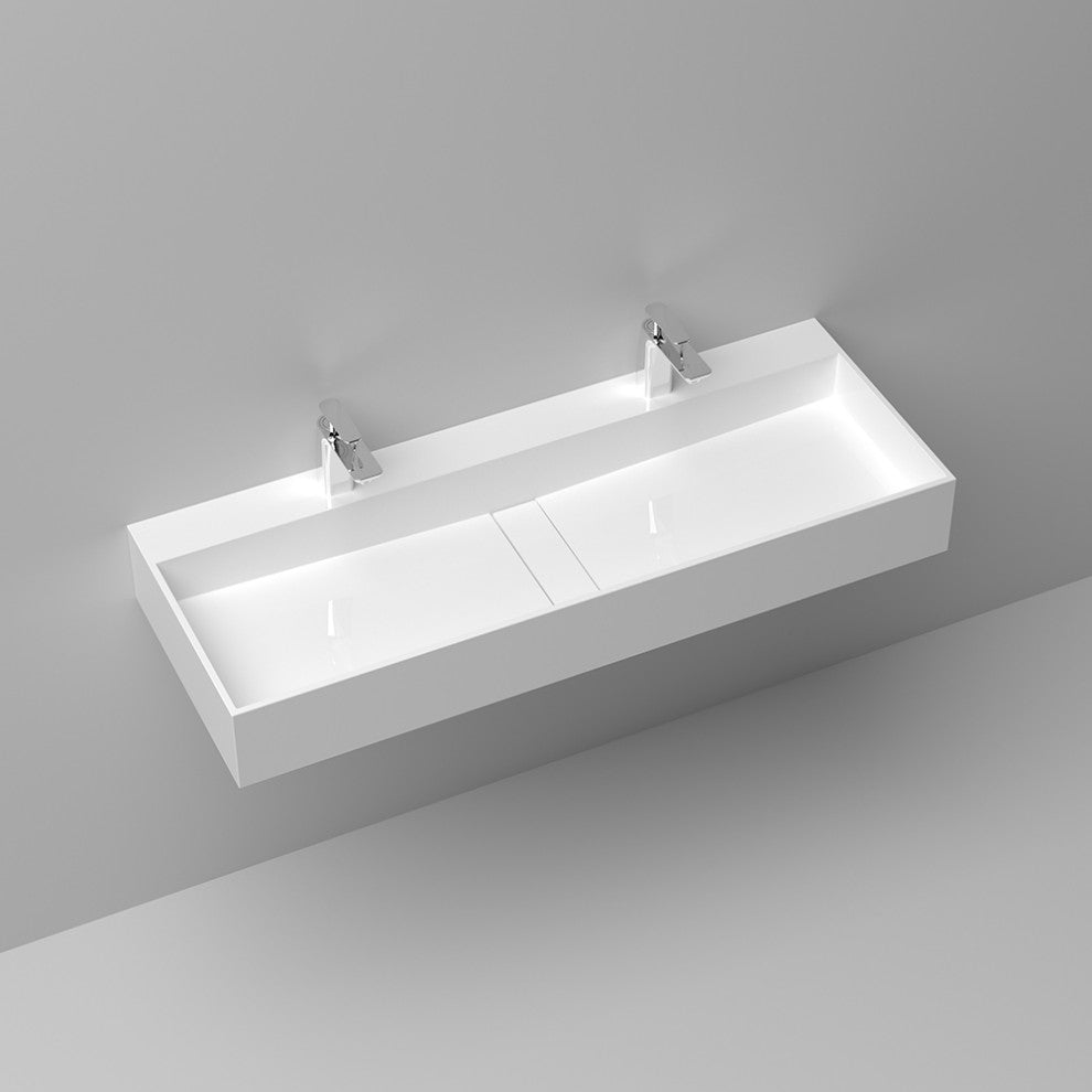 47 Inch Wall-Mount Double Sink Stone Resin Floating Trough Bathroom Sink, Glossy White