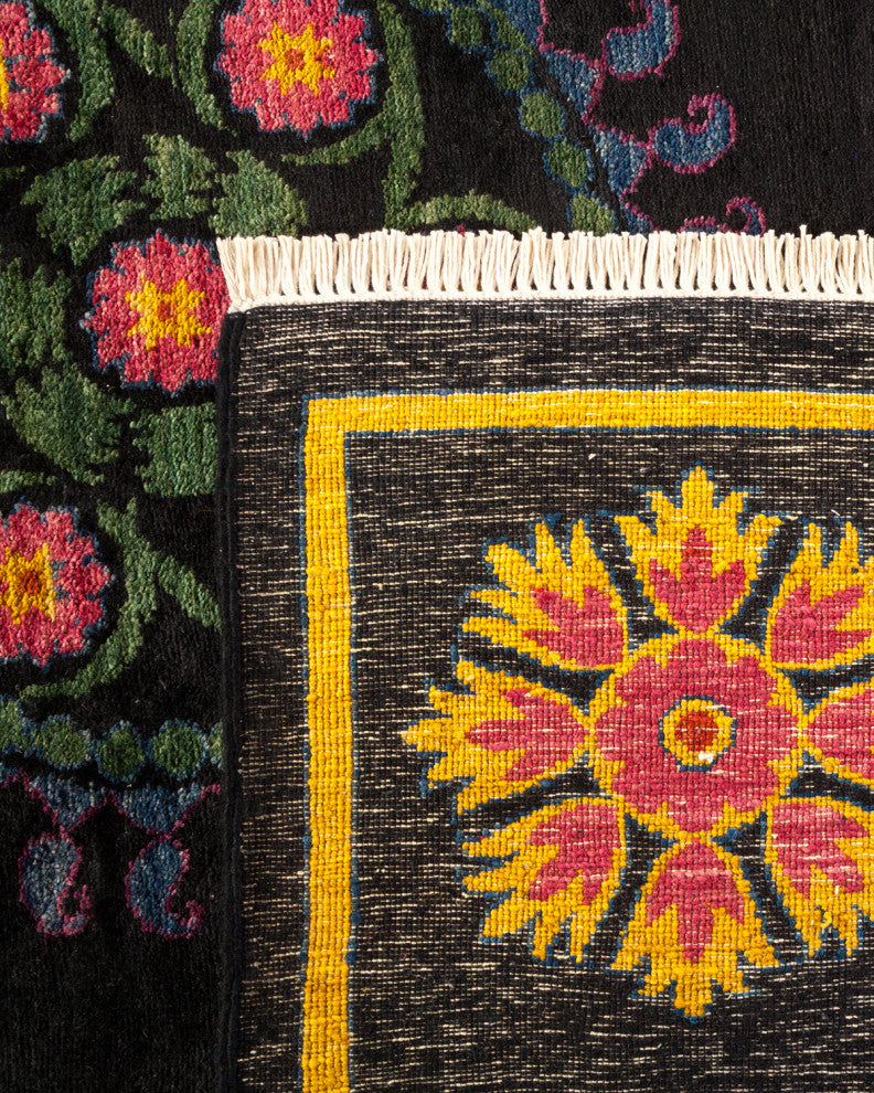 Suzani, One-of-a-Kind Hand-Knotted Area Rug Black, 9'1"x11'4"