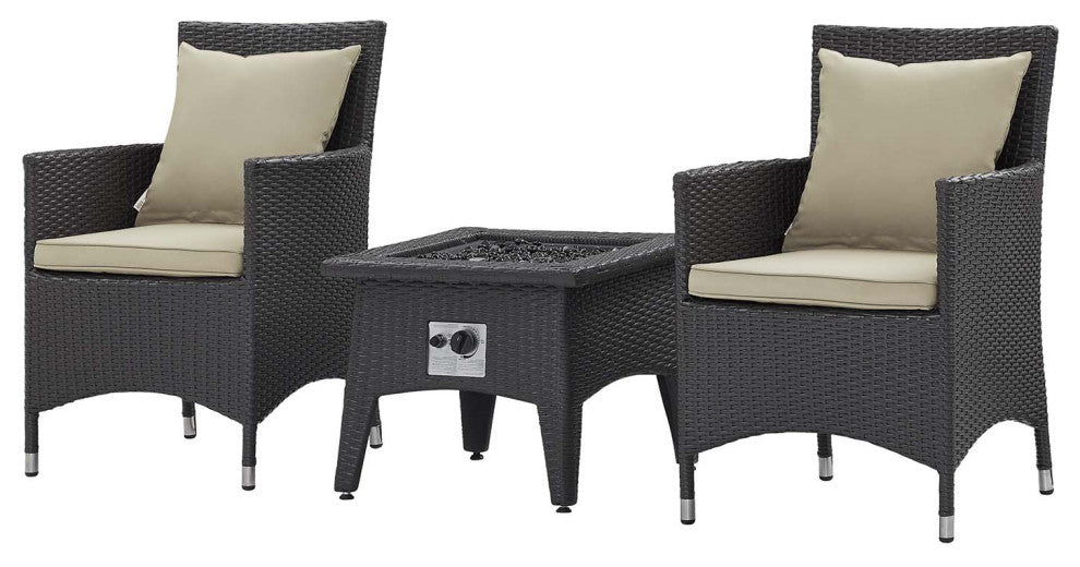 Modern Outdoor Patio Coffee Fire Pit Table and Chair Set, Fabric Rattan, Beige