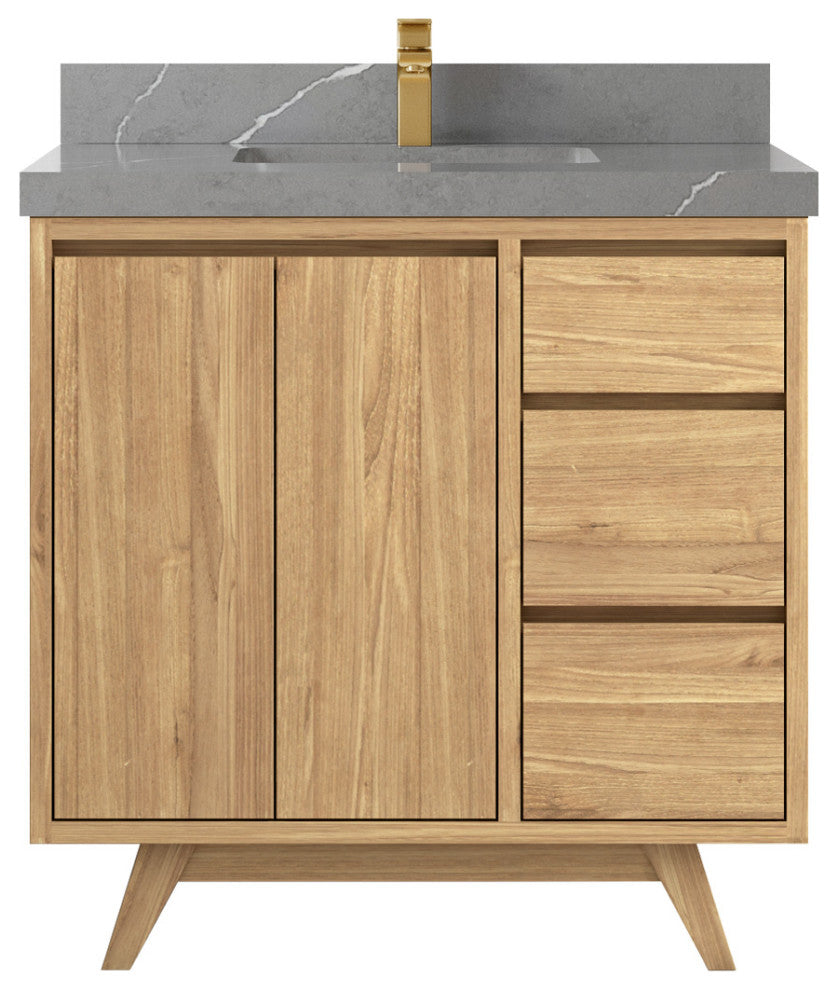 Madison Teak 36 Center Sink Bath Vanity in Light Natural 2" Piatra Gray