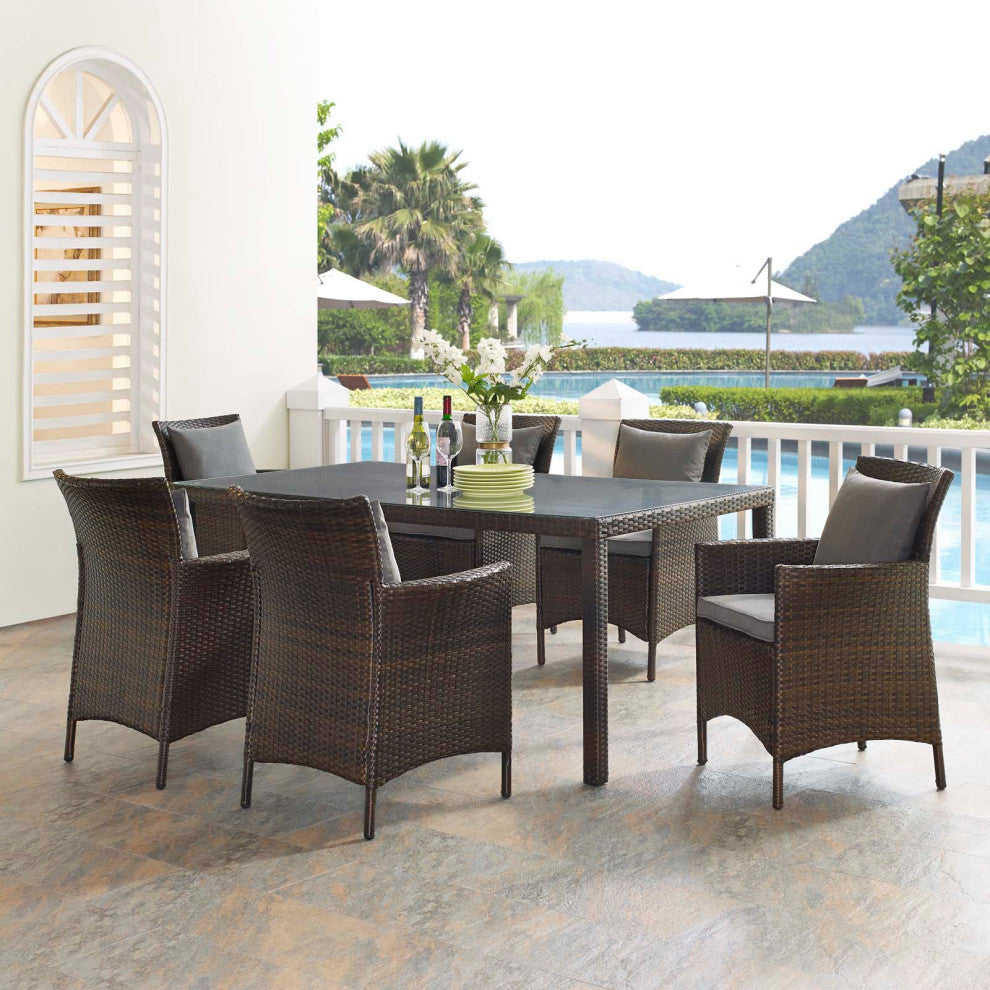Side Dining Chair and Table Set, Rattan, Wicker, Brown Gray, Outdoor