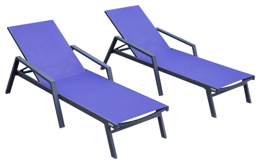 LeisureMod Marlin Outdoor Patio Stackable Chaise Lounge Chair with Arms Set of 2, Navy Blue