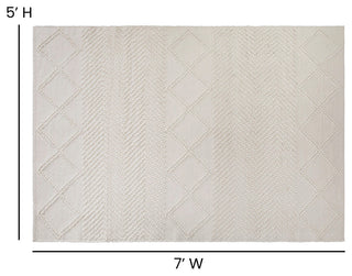 Geometric Handwoven Area Rug, Wool, Polyester, Cotton Blend, Ivory, White, 5x7