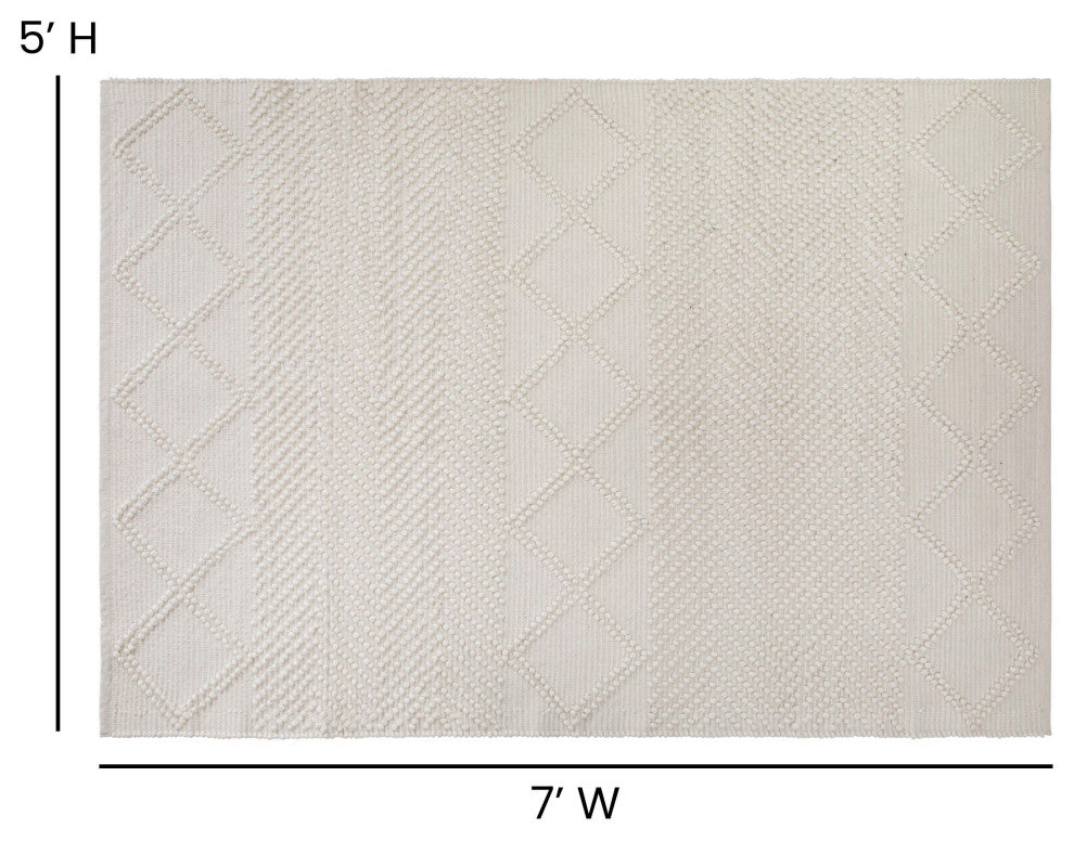 Geometric Handwoven Area Rug, Wool, Polyester, Cotton Blend, Ivory, White, 5x7