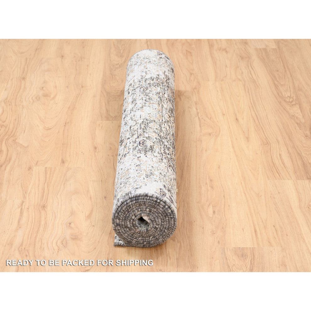 Gray Modern Silk with Textured Wool Hand Knotted Wide Runner Rug 4'0" x 12'0"