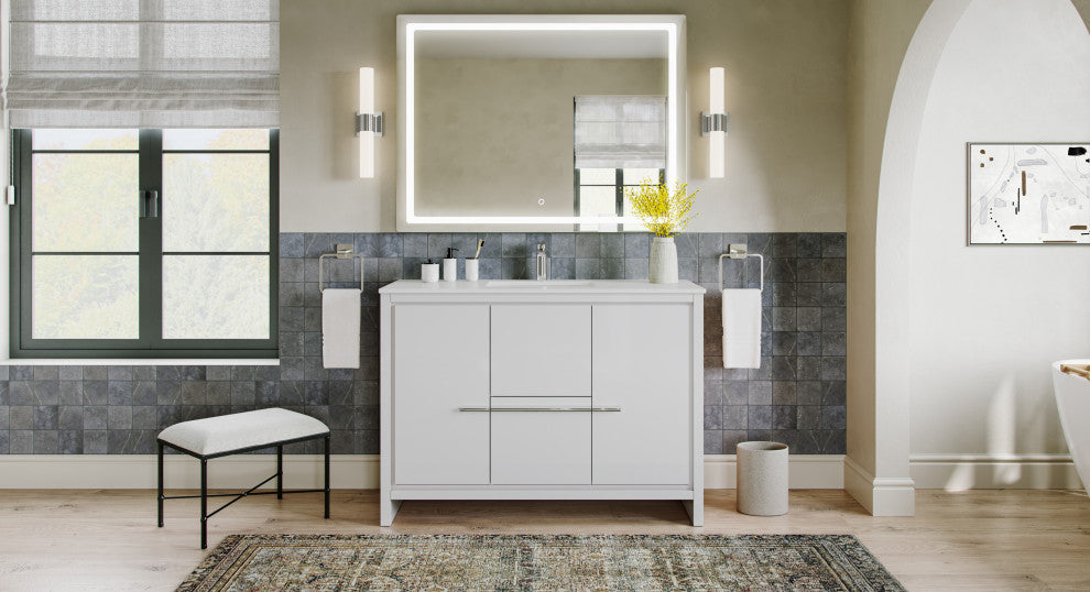 Esconde Bath Vanity, High Gloss White, 48", Single Sink, Freestanding