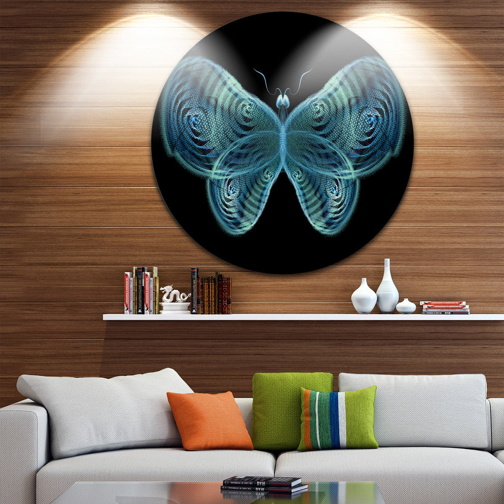 Light Blue Fractal Butterfly In Dark, Abstract Disc Metal Wall Art, 11"