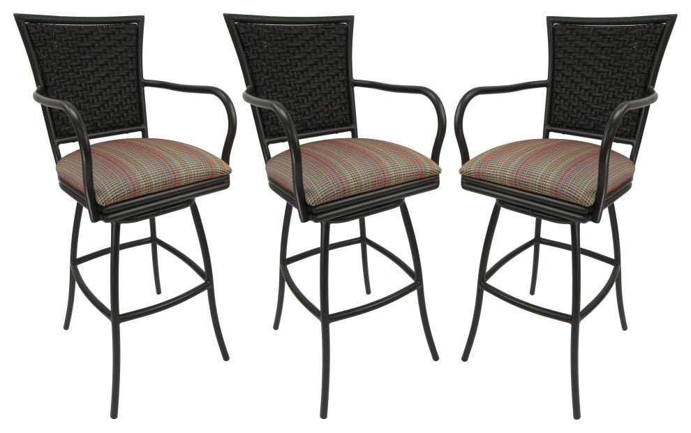 Set of 3, Outdoor/Indoor Swivel Bar Stools Erin, Multi Sun Stripe on Black, 26"
