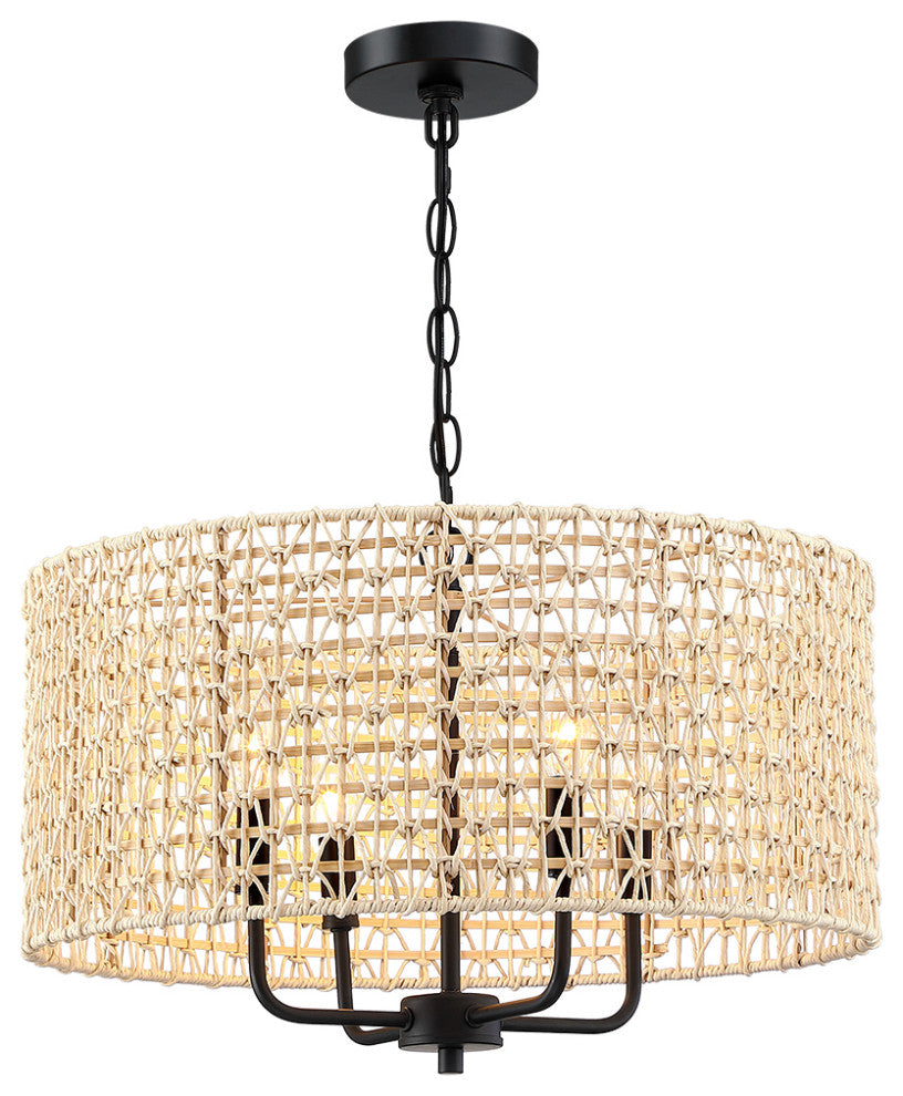 20" 4-Light Rattan Drum Chandelier Light With Black Canopy