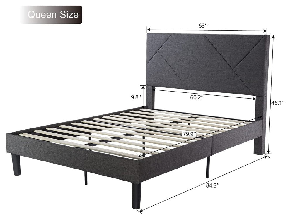 Queen Size Metal Bed Frame with Geometric Upholstered Headboard
