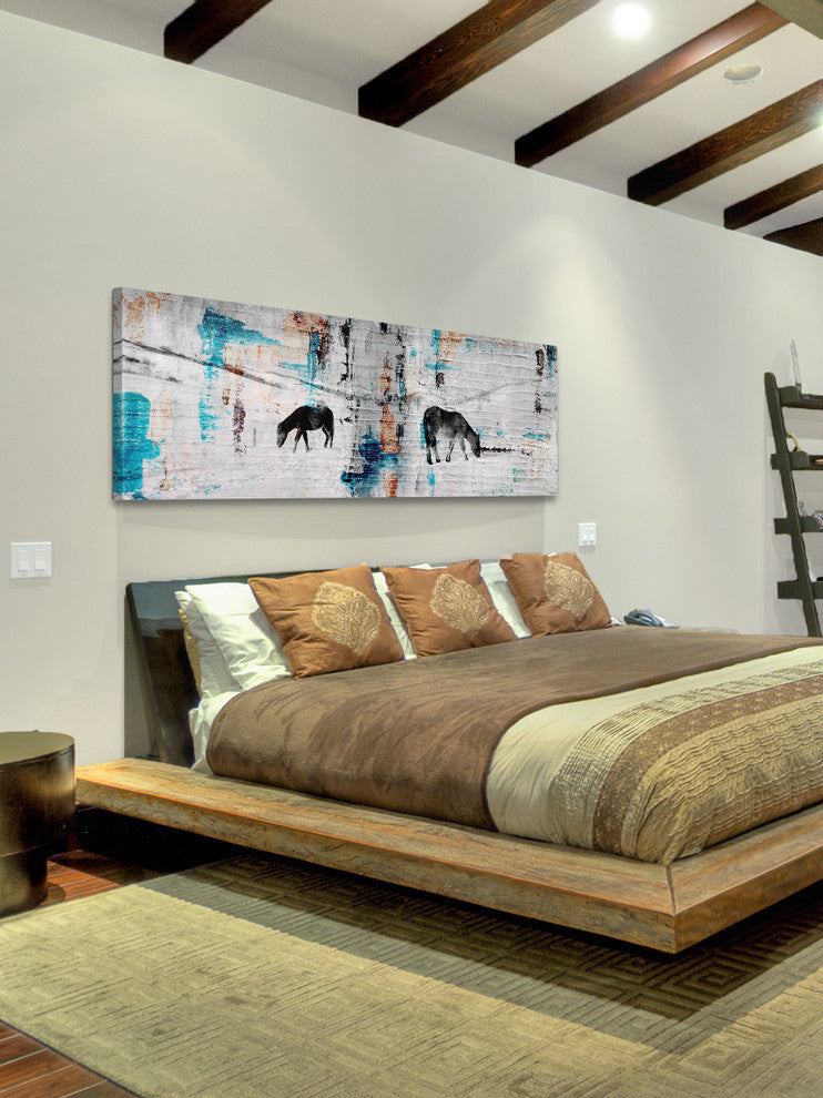 "Two Horses Grazing" Painting Print on Wrapped Canvas, 30"x10"
