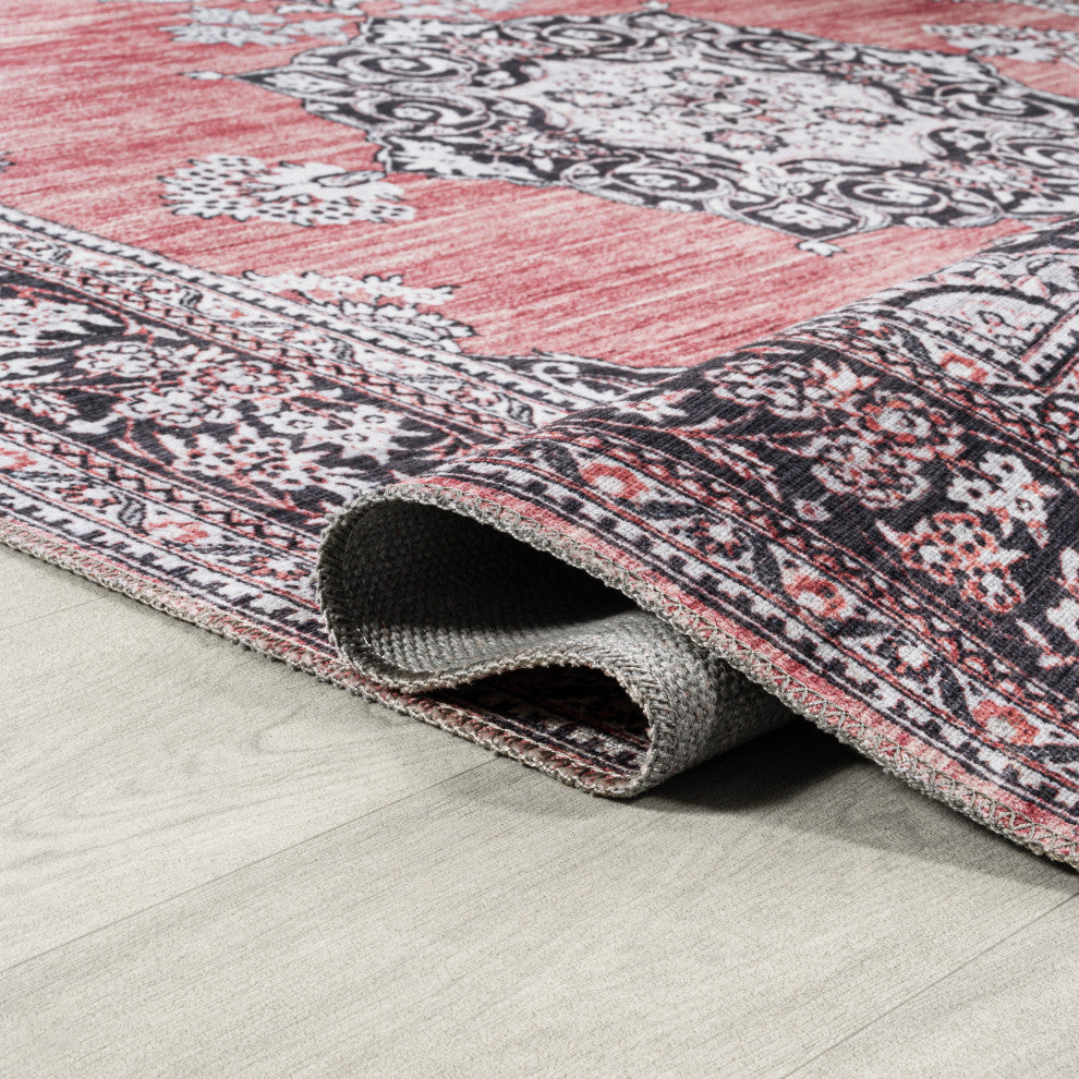 Bausch Distressed Chenille Washable Dark Pink/Black/White 5 ft. x 8 ft. Area Rug