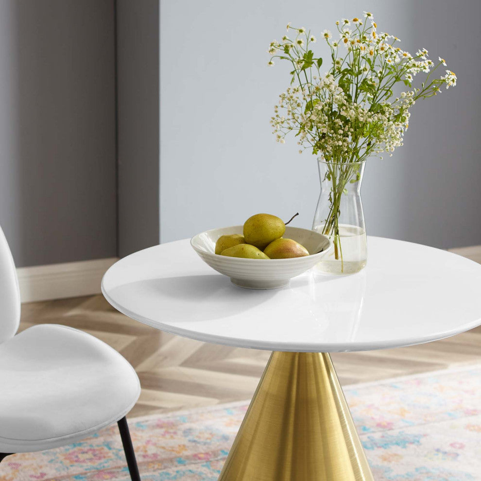 Dining Table, Round, Wood, Metal, Gold White, Modern, Cafe Bistro Restaurant