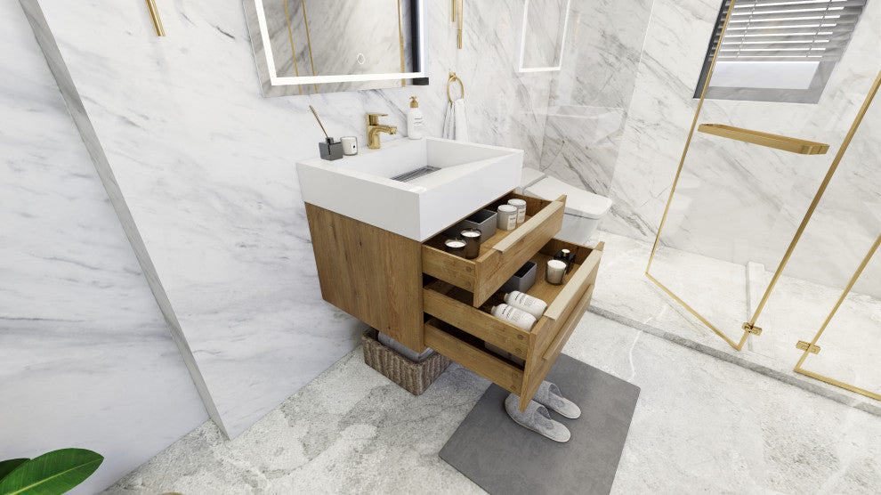 Madison 24" Wall Mounted Vanity with Reinforced Acrylic Sink, Oak