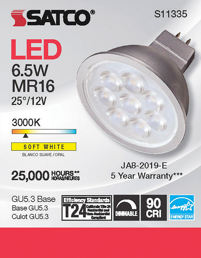 6.5W, MR16 LED, 3000K, GU5.3 Base, 25 deg. Beam Angle, 12V