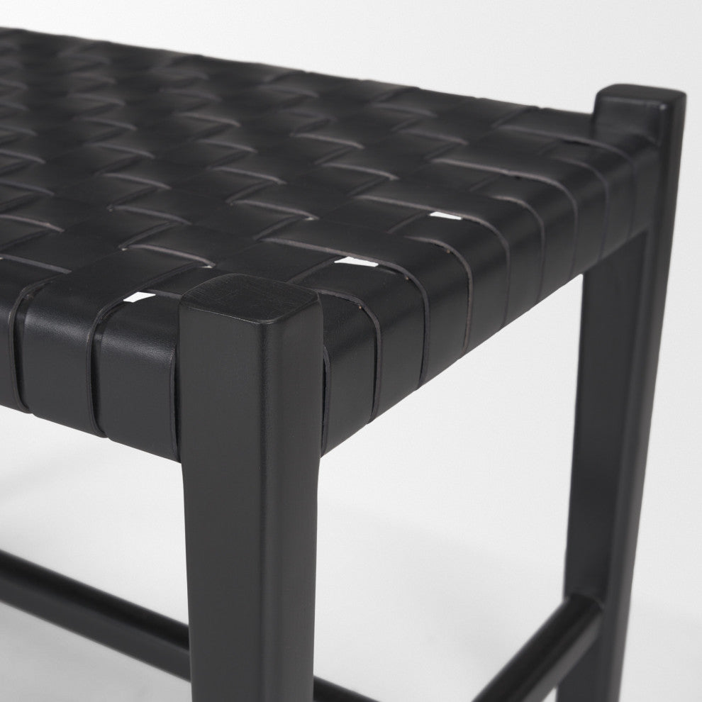 Shane Black Wood With Woven Black Leather Bench