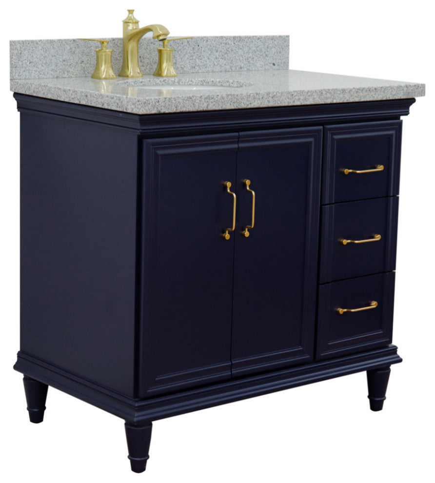 37" Single Vanity, Blue Finish With Gray Granite
